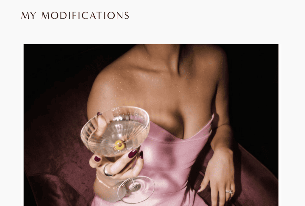 Haute Stock My Modifications screen displaying a stock photo recolored with a pink dress and burgundy chair.
