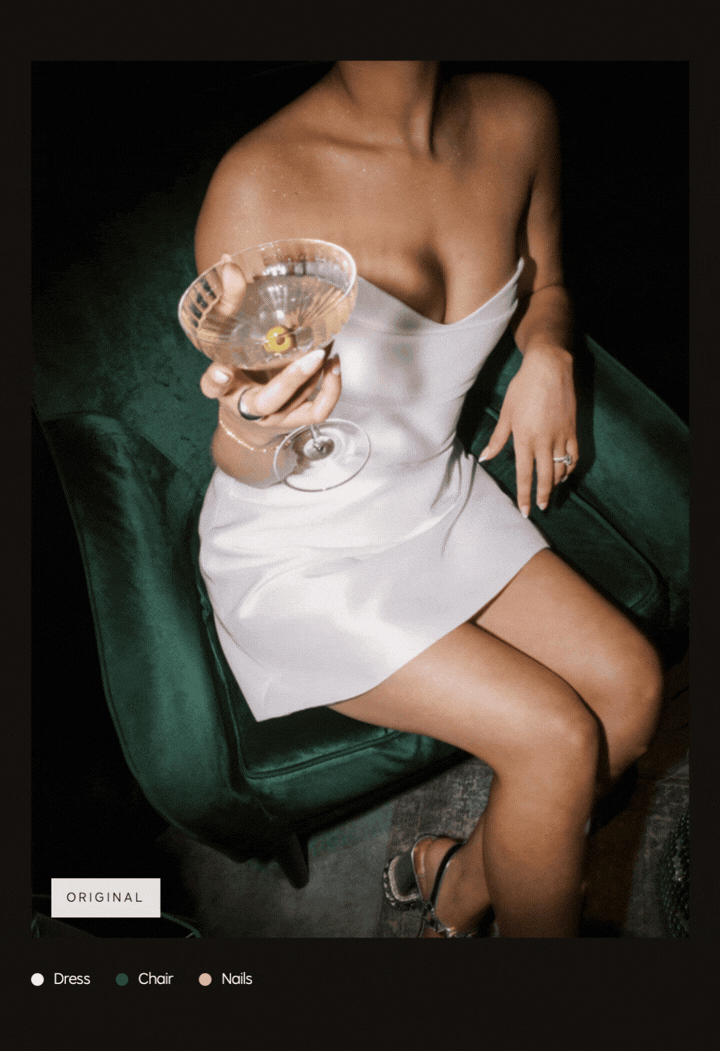 Recolored stock photo of a woman in a pink satin dress sitting in a burgundy velvet chair with burgundy nails.