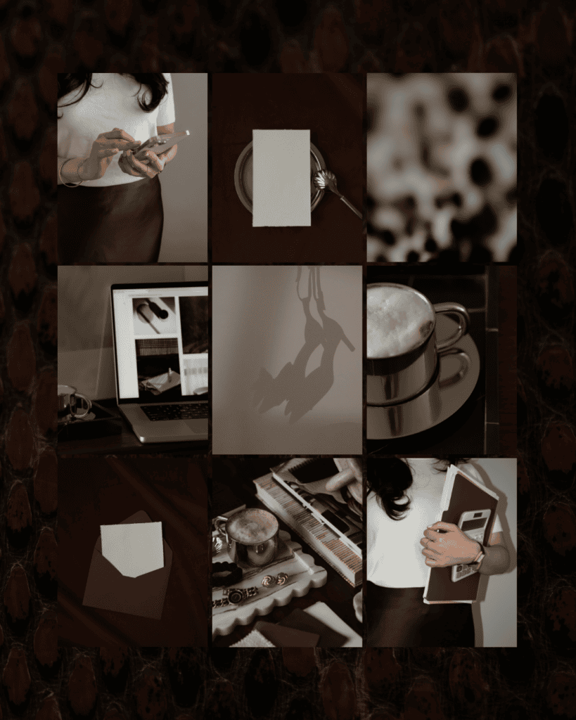 Collage of luxury chocolate brown stock photos featuring editorial workspace scenes, stationery mockups, silver coffee cups, and sophisticated branding details from Haute Stock's Between Takes collection.